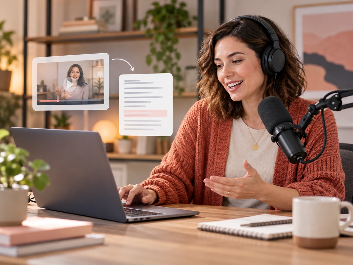 Podcast creator using a laptop while recording with a studio microphone